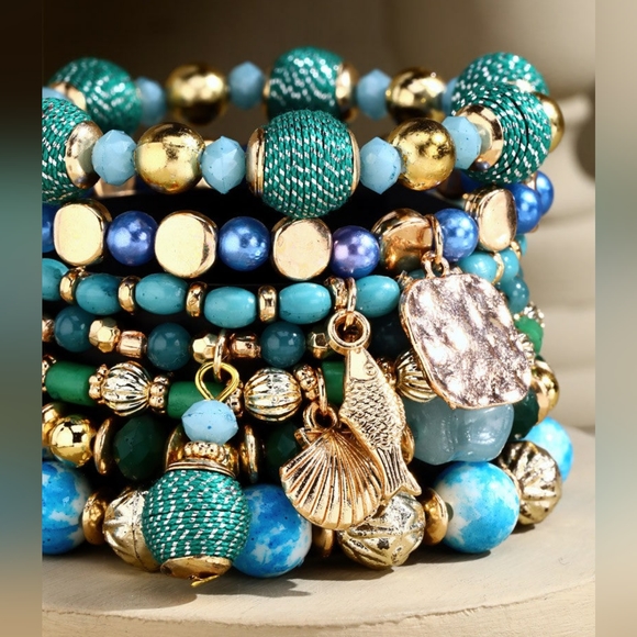 Glamorous Gold & Aqua Multi Textured Layered Beaded Bracelet Set w Golden Charms - Picture 3 of 3
